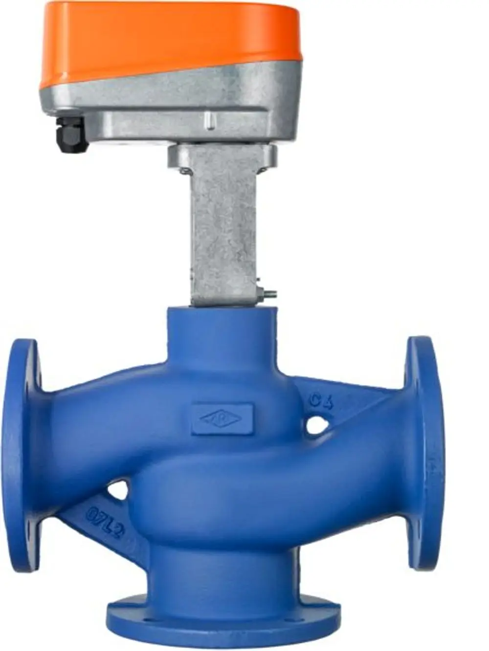 Produktbild: STIEBEL ELTRON Heizungsumschaltventil HUV 80, 227426. Blaues Gehäuse mit orangefarbenem Antrieb.